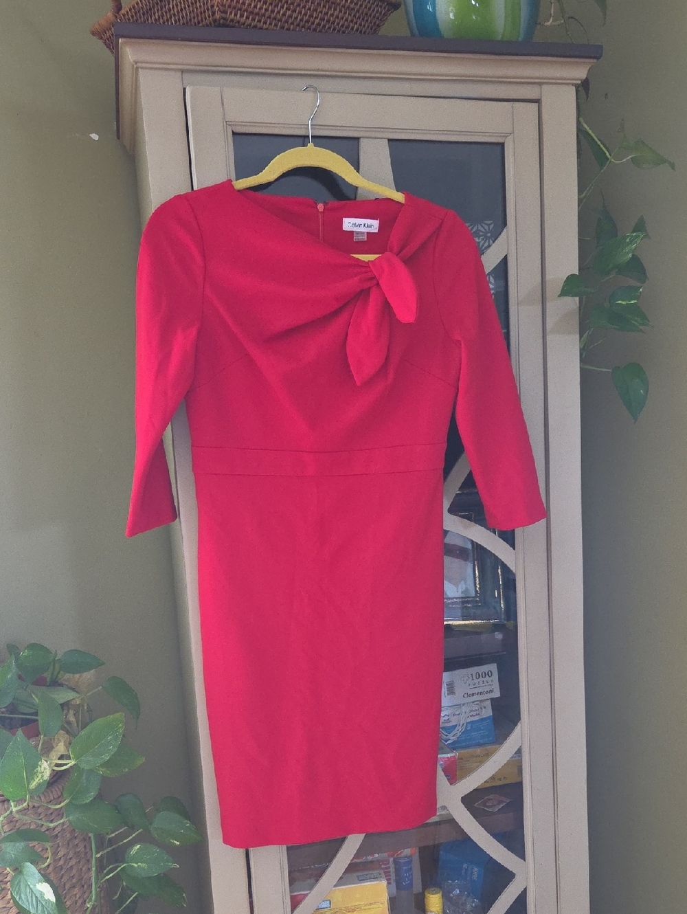 Calvin Klein Red Midi Dress with Bow Neck Detail